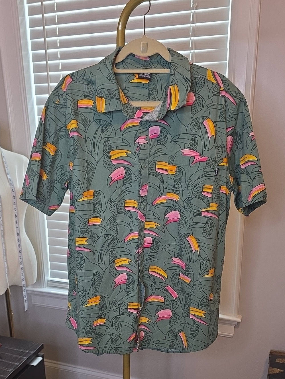 Hurley Green Tropical Button-Down Shirt with Pink & Yellow Accents